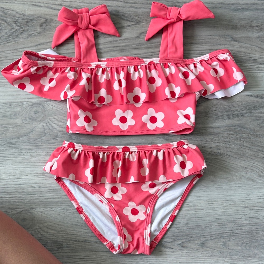 Charming Pink Floral Kids Bikini Set